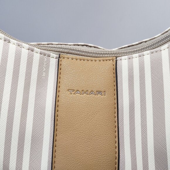 NWT Tahari Logo Hobo Handbag Striped Purse Satchel Vegan Recycled Beige $139 12" - Picture 7 of 13